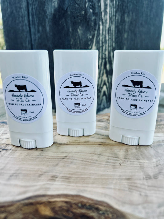 "Cowboy Kiss" Peppermint Tallow Chapstick- 15ml Plastic Oval Container